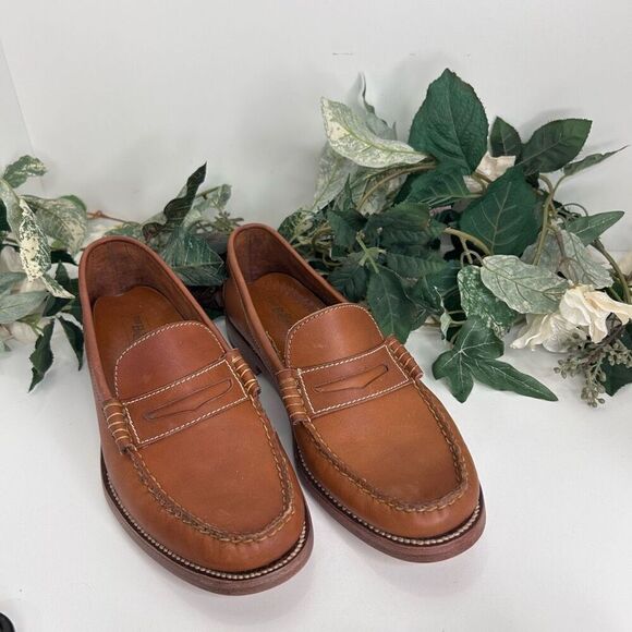 Brookline Shoes Men’s Size 8 Brown Leather Penny Loafer Contrasting Stitching - Picture 2 of 9